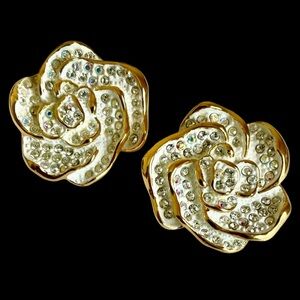 Vintage Joan Rivers Gold Plated Pave Crystal Flower Omega Clip Pierced Earrings